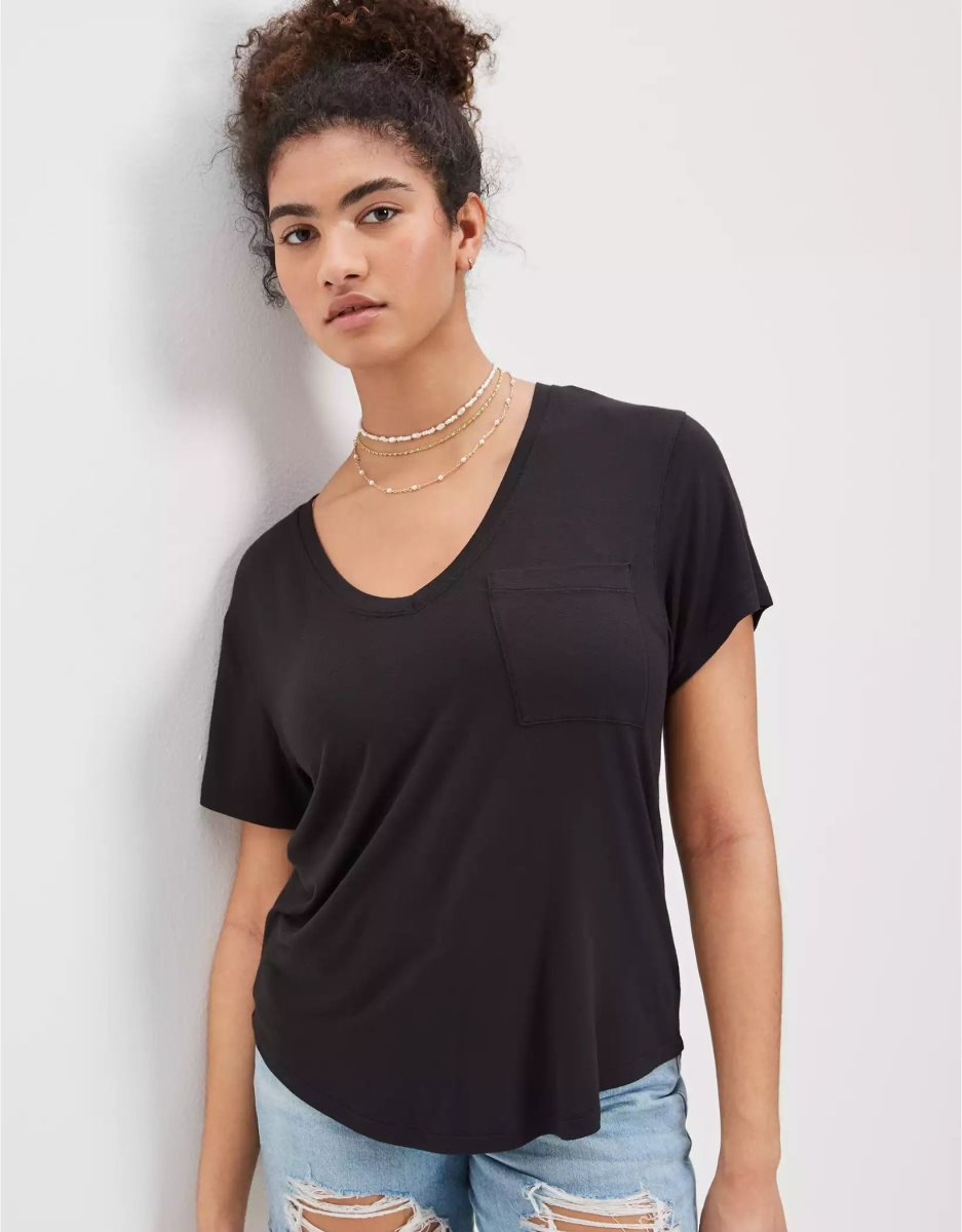 T Shirts American Eagle AE Soft & Sexy V-Neck Pocket Tee Noir Femme | LMD-51831328